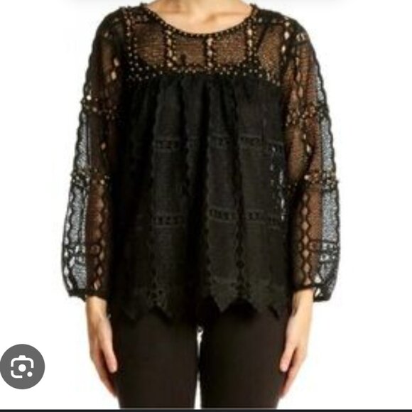 Anthropologie Maeve Auralis Black Sheer Lace Embellished Top Size S - Picture 2 of 7
